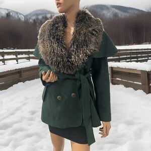 Steve Madden Green Wool Jacket Cape-let With Faux Fur Collar Green Size Small